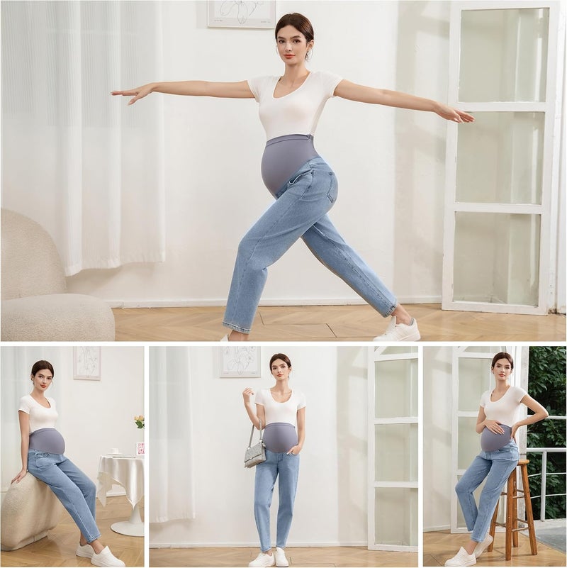 Coukula Women's Maternity Jeans Over Belly, Comfy Stretch Boyfriend Jeans, Loose Pregnancy Pants with Pockets - Image 5